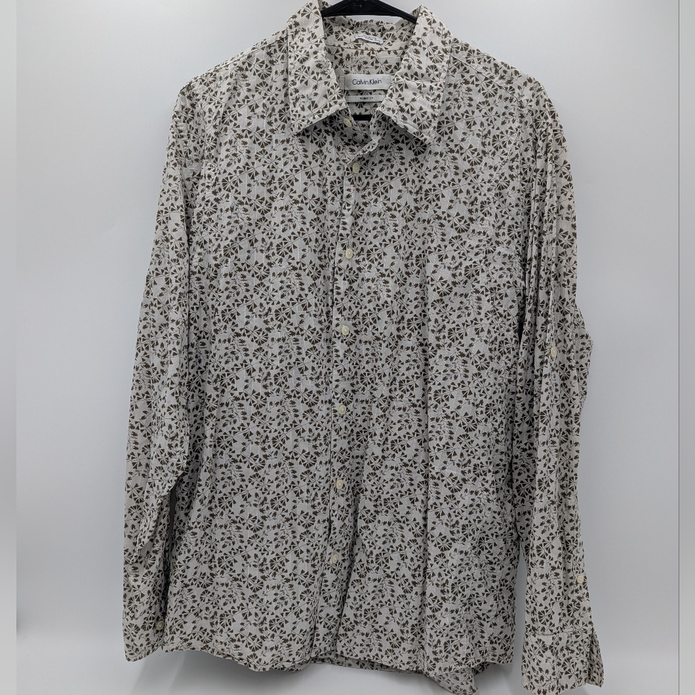 Calvin Klein Women's Button Shirt Cotton Large Beige Workwear Cottagecore Smart